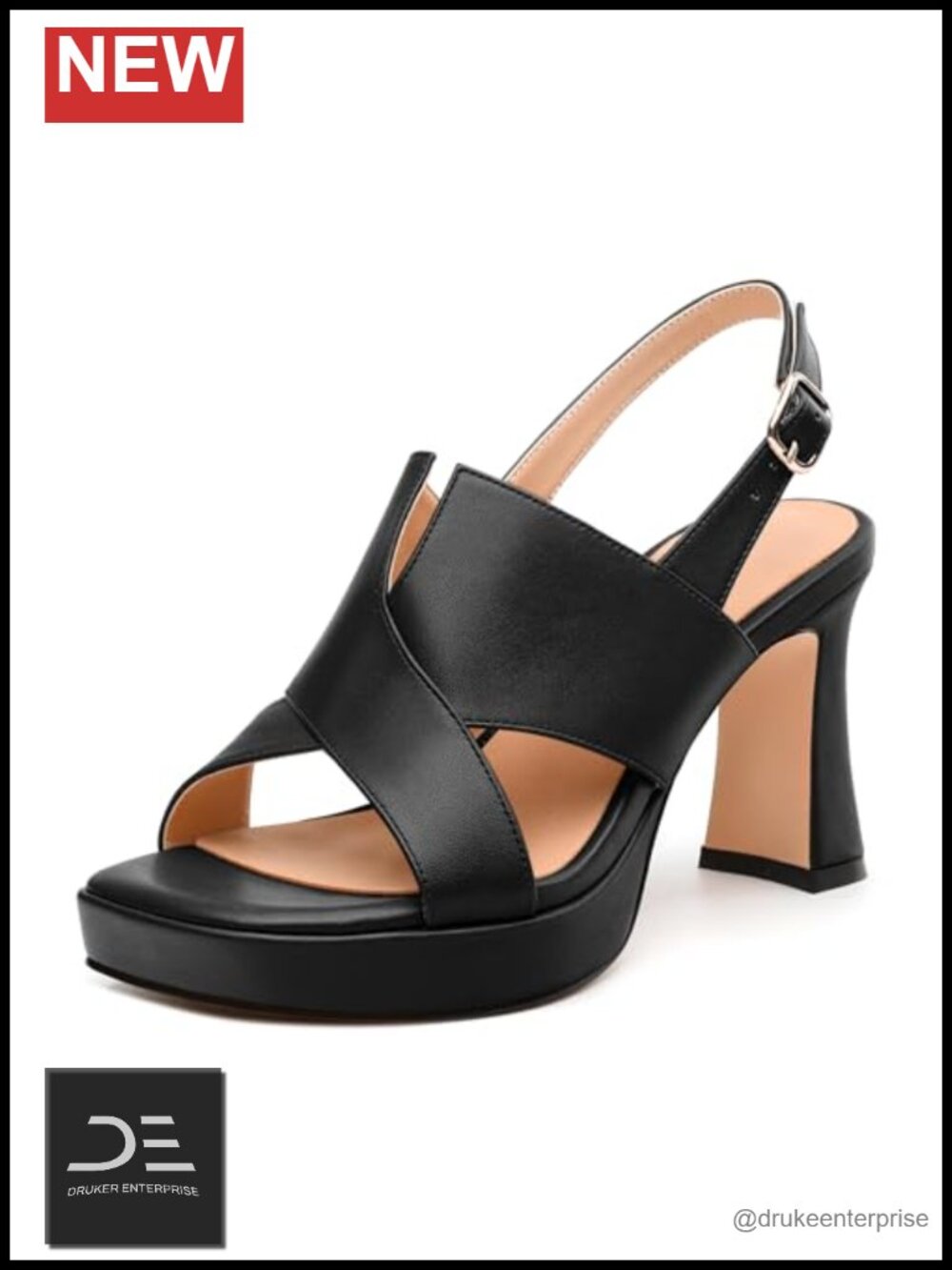 Chunky Heel Platform Sandals Square Peep Toe Ankle Strap Faux Leather